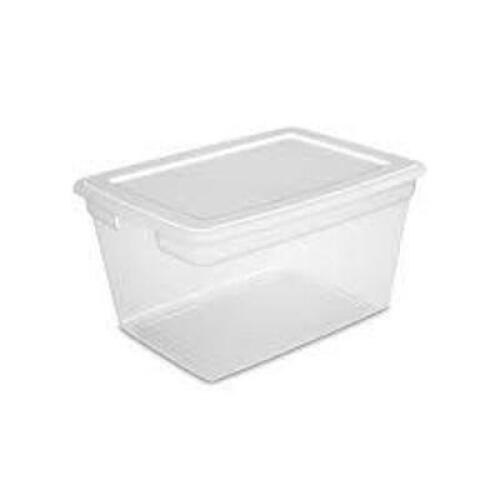 DESCRIPTION: (5) STORAGE BOXES BRAND/MODEL: STERILITE #1847 INFORMATION: CLEAR RETAIL$: $10.00 EA SIZE: 58 QT QTY: 5