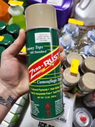 DESCRIPTION: (6) FLAT SPRAY PAINT BRAND/MODEL: ZERO-RUST INFORMATION: CAMMY TOP TAN RETAIL$: $13.86 EA SIZE: 12 OZ QTY: 6