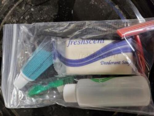 DESCRIPTION: (6) PACKS OF TOILETRIES INFORMATION: TRAVEL TOOTHBRUSH, SOAP, RAZOR, ECT QTY: 6