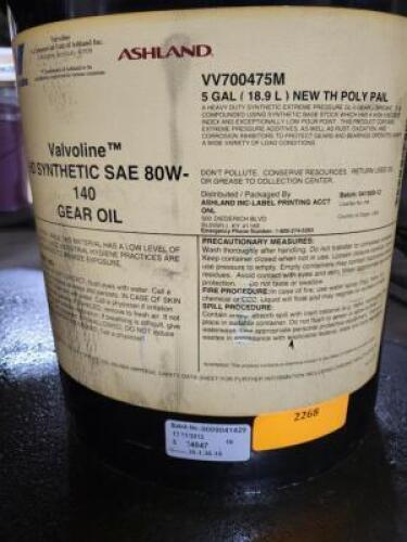 DESCRIPTION: (1) SYNTHETIC SAE GRADE 80W-140 BRAND/MODEL: VALVOLINE RETAIL$: 272.53 SIZE: 5 GALLON QTY: 1