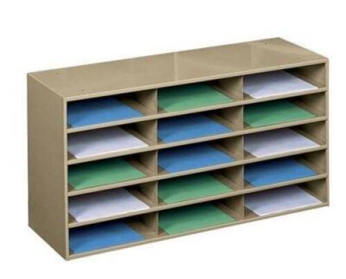 DESCRIPTION: (1) 15 POCKET LITERATURE ORGANIZER BRAND/MODEL: DURHAM 33285 INFORMATION: TAN RETAIL$: 229 SIZE: 11"W 11.625"D 3"H QTY: 1