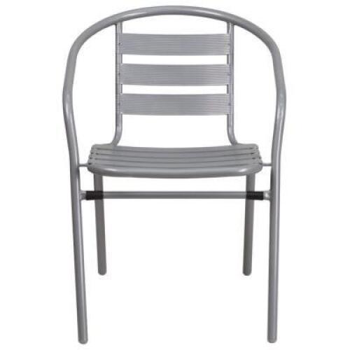 DESCRIPTION: (4) METAL STACKING CHAIRS BRAND/MODEL: FLASH FURNITURE INFORMATION: SILVER RETAIL$: $35.00 EA SIZE: 24"L 21.5"W 28.5"H QTY: 4