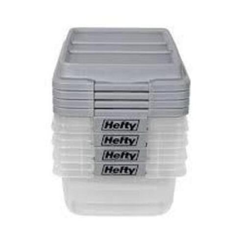 DESCRIPTION (10) STORAGE CONTAINERS WITH NO LID BRAND/MODEL HEFTY ADDITIONAL INFORMATION RETAILS FOR $40.00 TOTAL SIZE 18 QT NO LIDS NO LIDS NO LIDS T