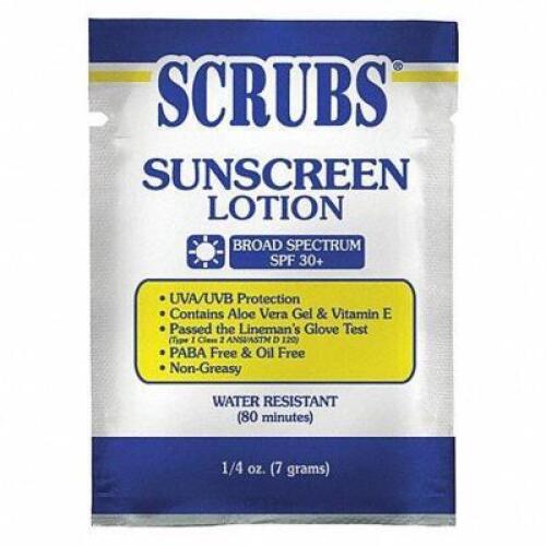 DESCRIPTION: (6) BOX OF (100) SUNSCREEN LOTION BRAND/MODEL: SCRUBS #54VH92 RETAIL$: $150.00 EA SIZE: 7G QTY: 6