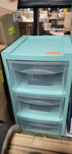 DESCRIPTION: (1) PLASTIC 3 DRAWER STORAGE CABINET INFORMATION: LIGHT BLUE RETAIL$: $16.11 EA QTY: 1