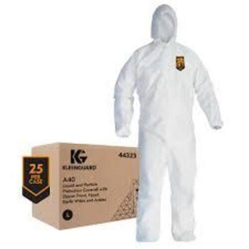 DESCRIPTION (1) PACK OF (25) DISPOSABLE COVERALLS BRAND/MODEL KLEENGUARD #4432301 ADDITIONAL INFORMATION RETAILS FOR $177.23 SIZE SIZE LARGE THIS LOT