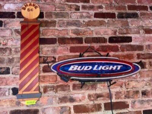 BUD LIGHT NEON AND BARBER POLE DECOR