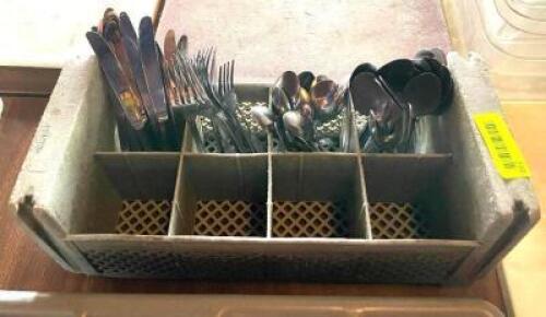 DESCRIPTION: (50) PIECES OF ASSORTED SILVERWARE WITH CADDY INFORMATION: KNIVES, FORKS, SMALL SPOONS, LARGE SPOONS QTY: 50