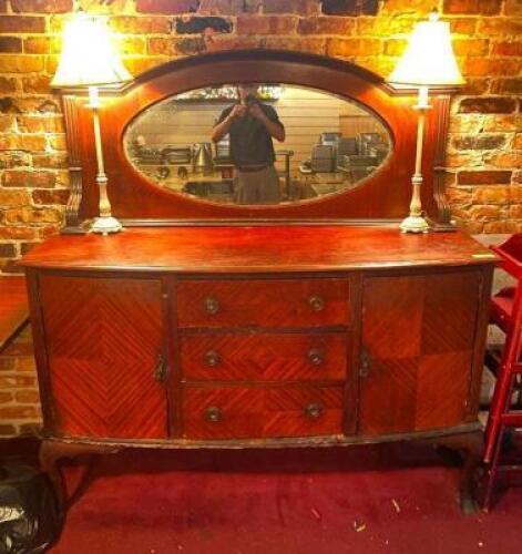 60" DECORATIVE WOODEN CHINA CABINET W/ MIRROR & LAMPS AS SHOWN