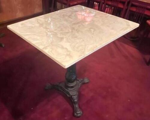 30" X 24" FAUX MARBLE DINING TABLE W/ DECORATIVE CAST IRON BASE