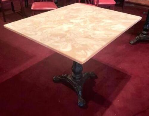 36" X 30" FAUX MARBLE DINING TABLE W/ CAST IRON DECORATIVE BASE