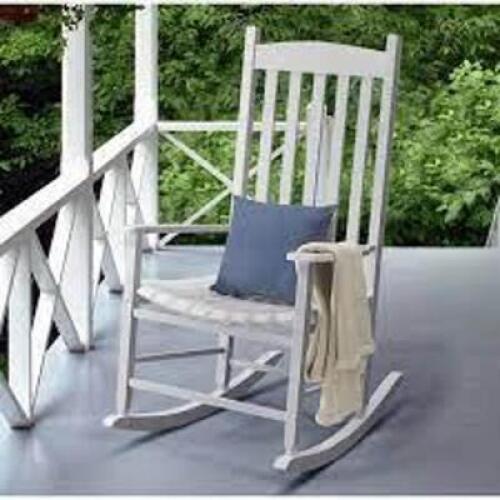 DESCRIPTION: (1) WOODEN PORCH ROCKING CHAIR BRAND/MODEL: MAINSTAYS INFORMATION: WHITE RETAIL$: $124.00 EA SIZE: 26.5"W 34"D 45"H QTY: 1