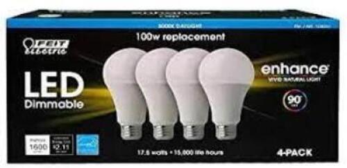 DESCRIPTION: (2) PACKS OF (4) DIMMABLE LED LIGHTS BRAND/MODEL: FEIT ELECTRIC INFORMATION: BRIGHT WHITE RETAIL$: $20.00 EA QTY: 2