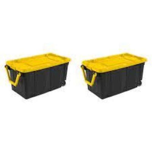 DESCRIPTION: (2) PLASTIC WHEELED INDUSTRIAL TOTE BRAND/MODEL: STERILITE #1469 INFORMATION: BLACK RETAIL$: $45.99 TOTAL SIZE: 40 GALLON QTY: 2
