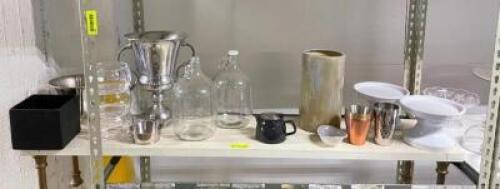 ASSORTED GLASSWARE AND DECOR AS SHOWN