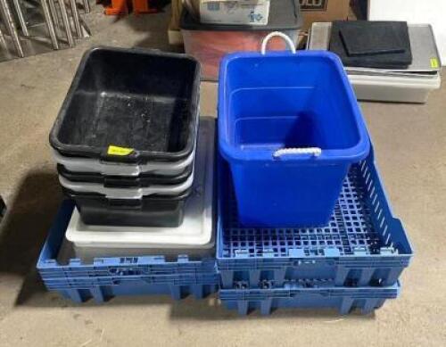 LARGE ASSORTMENT OF PLASTIC TUBS AND LIDS / DISH RACKS