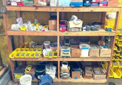 CONTENTS OF WOODEN SHELVING UNIT (ASSORTED HARDWARE AS SHOWN)