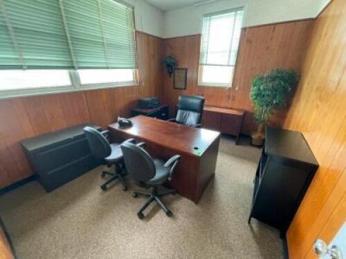 60" HARDWOOD DESK W/ CREDENZA, (3) OFFICE CHAIRS, LATERAL, AND PRINTER