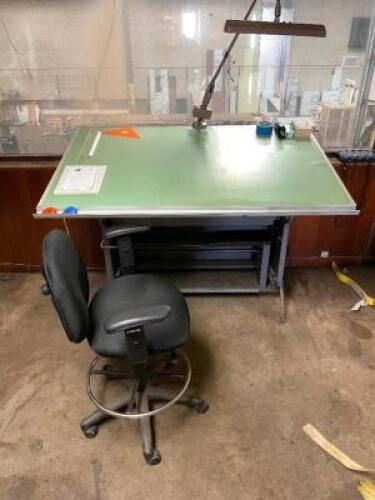 COMPLETE DRAFTING TABLE WITH MOUNTED LIGHT AND STOOL