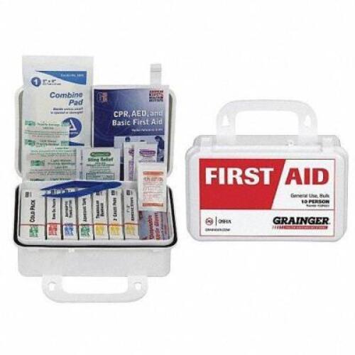 DESCRIPTION: (3) FIRST AID KIT BRAND/MODEL: GRAINGER #39N831 INFORMATION: WHITE, PLASTIC RETAIL$: $28.08 EA SIZE: SERVES 10 PEOPLE QTY: 3