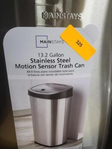 DESCRIPTION: (1) MOTION SENSOR TRASH CAN BRAND/MODEL: MAINSTAYS INFORMATION: STAINLESS RETAIL$: $50.00 EA SIZE: 13.2 GALLON QTY: 1