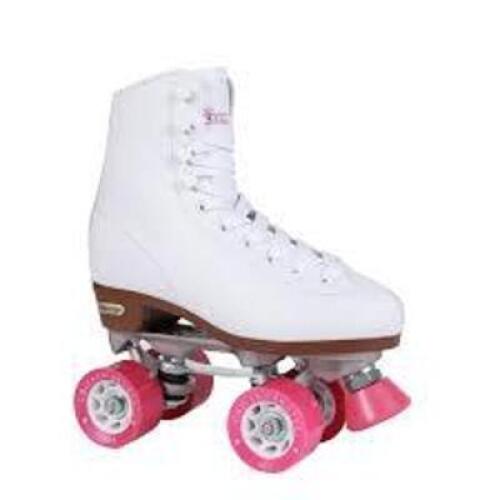 DESCRIPTION: (1) PAIR OF ROLLER SKATES BRAND/MODEL: CHICAGO SKATES #CRS400 INFORMATION: WHITE AND PINK RETAIL$: $99.95 EA SIZE: 7, WOMENS QTY: 1