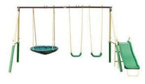 DESCRIPTION: (1) METAL SWING SETBRAND/MODEL: XDP #94013INFORMATION: BROWN AND GREENRETAIL$: $239.00&nbsp;SIZE: 122� WIDTH X 93� DEPTH X 72� HEIGHTQTY: 1