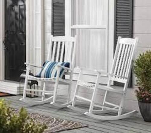 DESCRIPTION: (2) PORCH ROCKER ROCKING CHAIR BRAND/MODEL: MAINSTAYS INFORMATION: WHITE RETAIL$: 100 QTY: 2