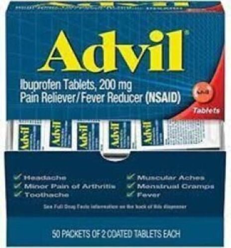 DESCRIPTION: (2) BOXES OF (50) PACKETS OF IBUPROFEN BRAND/MODEL: ADVIL RETAIL$: $15.00 EA SIZE: 200 MG QTY: 2