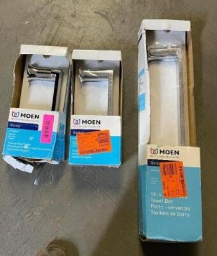 NAME: 3-PIECE MOEN CHROME BATHROOM SET - 18" TOWEL BAR / TOWEL RING / TOILET PAPER HOLDER