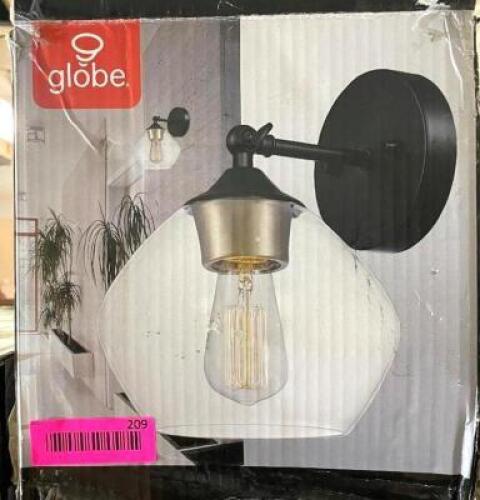 NAME: GLOBE ELECTRIC Harrow 1-Light Matte Black Wall Sconce with Clear Glass Shade