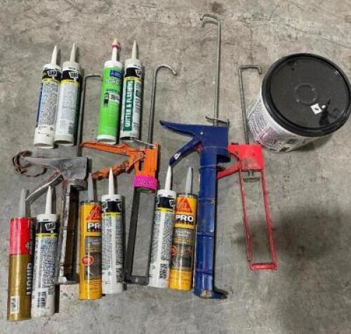 ASSORTED CALK GUNS AND CALKING MATERIALS