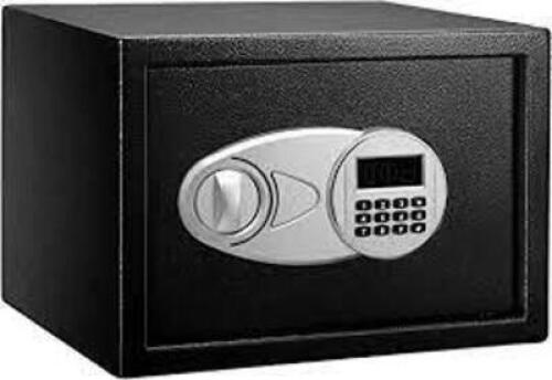 DESCRIPTION: (1) SECURITY SAFE AND LOCK BOX BRAND/MODEL: AMAZON BASICS INFORMATION: BLACK STEEL RETAIL$: $60.43 EA SIZE: 16" X12.5X12.5" *MUST COME IN