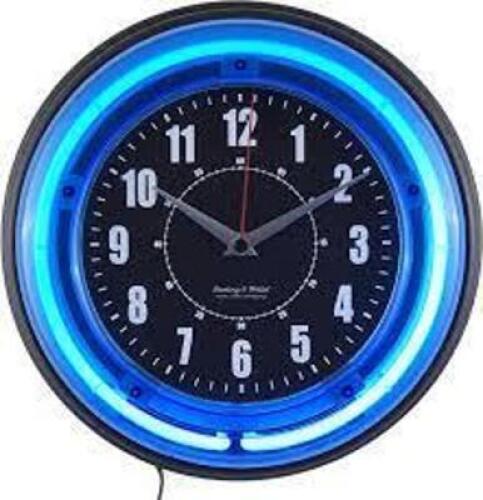 DESCRIPTION: (1) HANGING WALL CLOCK BRAND/MODEL: QUARTZ ACCURACY INFORMATION: NEON BLUE RETAIL$: $27.96 EA SIZE: 11" DIAMETER QTY: 1