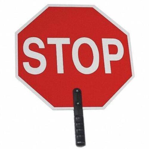 DESCRIPTION: (1) 2-SIDED PADDLE HAND GRIP SIGN, STOP SIGN BRAND/MODEL: CORTINA #6FGK1 INFORMATION: RED RETAIL$: $65.44 EA SIZE: 18" X 18" QTY: 1