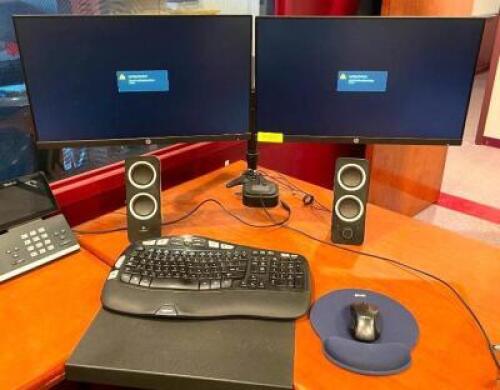 DESCRIPTION: (2) 24" MONITORS WITH HP COMPUTER KEYBOARD, MOUSE AND SPEAKERS BRAND/MODEL: HP QTY: 1