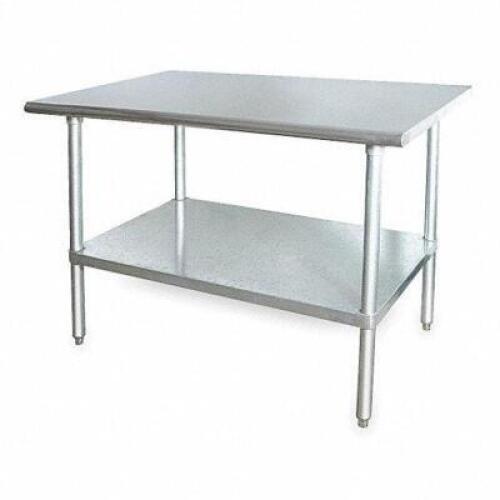 DESCRIPTION: (1) FIXED HEIGHT WORK TABLE BRAND/MODEL: GRAINGER #2KRE8 INFORMATION: WHITE, STAINLESS STEEL RETAIL$: 490.47 EA SIZE: 600 LB LIMIT, MUST