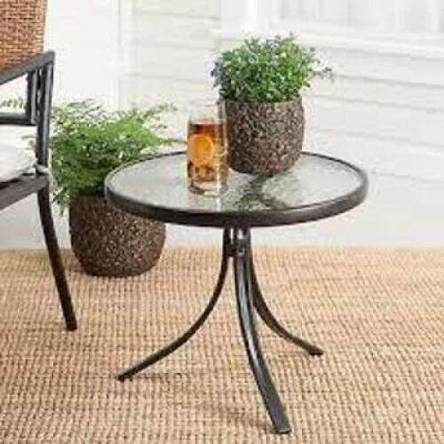 DESCRIPTION: (1) GLASS SIDE TABLE BRAND/MODEL: MAINSTAYS #886783006725 INFORMATION: BLACK RETAIL$: 50 SIZE: 20X17 QTY: 1