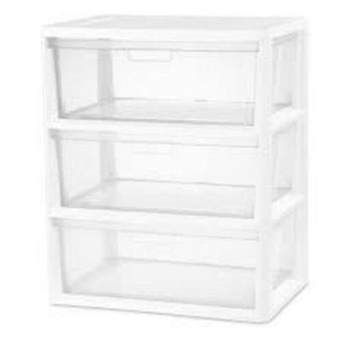 DESCRIPTION: (1) 3 DRAWER TOWER BRAND/MODEL: STERILITE #4530 INFORMATION: CLEAR RETAIL$: $24.99 EA SIZE: 15.62 x 21.00 x 25.25 QTY: 1