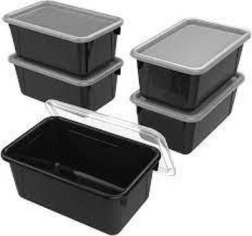 DESCRIPTION: (6) STORAGE TOTES BRAND/MODEL: STOREX INFORMATION: BLACK RETAIL$: $40.00 TOTAL SIZE: SOME DAMAGE MUST INSPECT QTY: 6