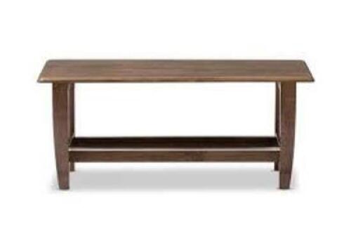 DESCRIPTION: (1) COFFEE TABLE BRAND/MODEL: BAXTON STUDIO #sw3656-walnut-m17-ct INFORMATION: WALNUT BROWN RETAIL$: 152 SIZE: 36X56 QTY: 1
