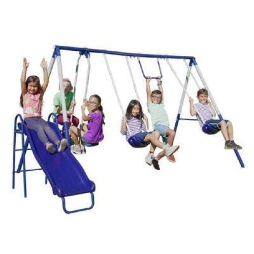 DESCRIPTION: (1) METAL SWING SET WITH WAVE SLIDE BRAND/MODEL: ARCADIA MSC-4510 RETAIL$: 169 SIZE: 144.75" L x 90.625 W x71.5"H QTY: 1