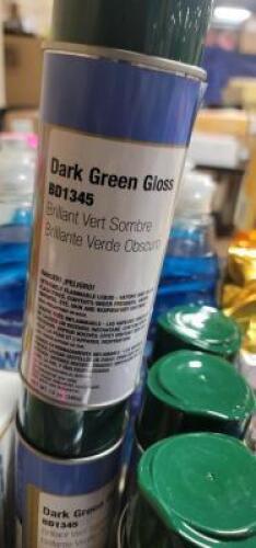 DESCRIPTION: (6) GLOSS SPRAY PAINT BRAND/MODEL: CLASS 3 SOLUTIONS BD1345 INFORMATION: DARK GREEN RETAIL$: $8.48 EA SIZE: 12 OZ QTY: 6