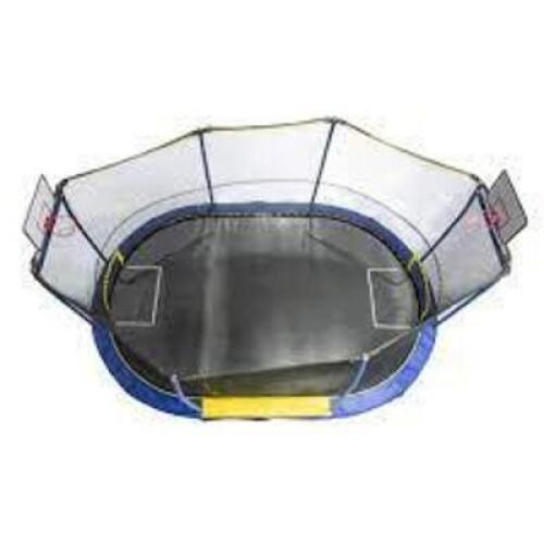 DESCRIPTION: (1) OVAL TRAMPOLINE WITH ENCLOSURE AND BASKETBALL HOOP BRAND/MODEL: JUMPKING #YJJK1015OVWBH RETAIL$: $549.99 EA SIZE: 10' X 15' QTY: 1