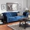DESCRIPTION (1) BAXTON STUDIO EMMA TRADITIONAL CHESTERFIELD SOFA BRAND/MODEL 163-10309-OJC ADDITIONAL INFORMATION BUTTON TUFTED/BLUE/VELVET FABRIC/RET