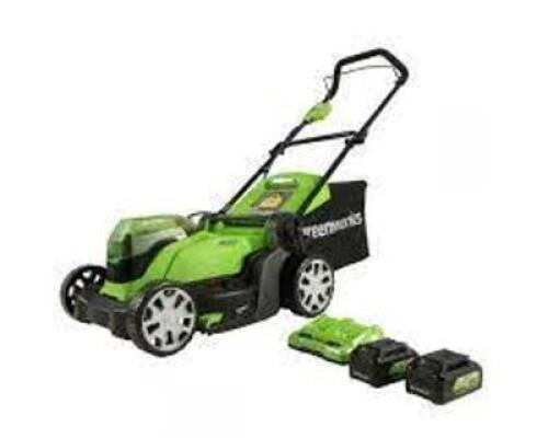 DESCRIPTION: (1) CORDLESS LAWN MOWER BRAND/MODEL: GREENWORKS INFORMATION: GREEN RETAIL$: $299.99 EA SIZE: 17" QTY: 1