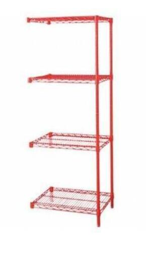 DESCRIPTION (1) GRAINGER WIRE SHELVING UNIT BRAND/MODEL 5GPW9 ADDITIONAL INFORMATION RED/4-SHELVES/2-POST/S-HOOKS SIZE 72"W X 63"H X 24"D THIS LOT IS