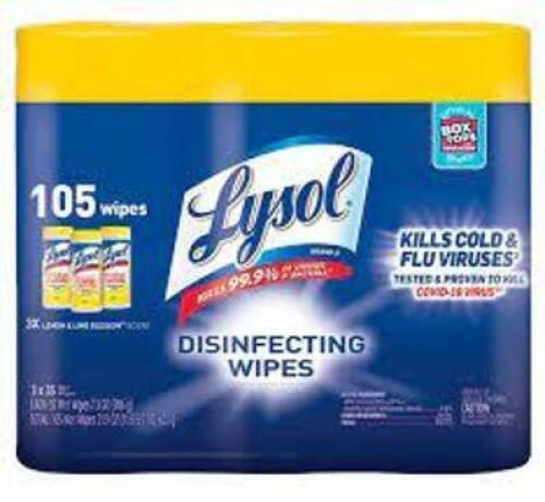 DESCRIPTION: (3) PACKS OF (3) CONTAINERS OF DISINFECTANT WIPES BRAND/MODEL: LYSOL DISINFECTANT WIPES RETAIL$: $10.00 EA SIZE: 150 WIPES PER CONTAINER