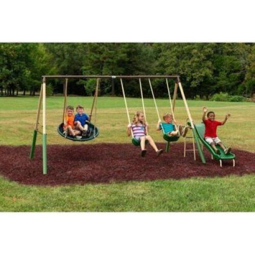 DESCRIPTION: (1) SUPER DISC METAL SWING SET BRAND/MODEL: XDP 94013 INFORMATION: CHILDREN NOT INCLUDED RETAIL$: 191.2 SIZE: 91"L 148"W 74"H QTY: 1