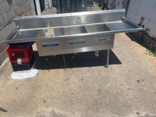DESCRIPTION: 90" THREE WELL STAINLESS POT SINK W/ LEFT AND RIGHT DRY BOARD. ADDITIONAL INFORMATION HAS ALL LEGS. MISSING FAUCET. SIZE 90" LOCATION: BA